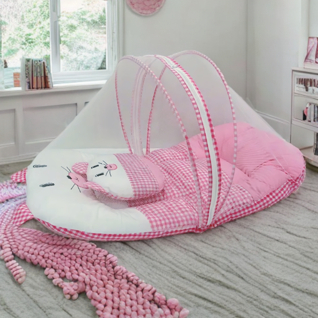Baby Bed With Mosquito Net & Neck Pillow (Check Print)