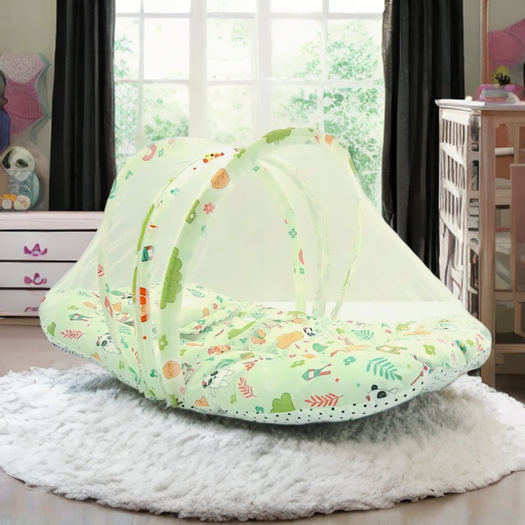 Baby Bed With Mosquito Net & Neck Pillow (Cartoon Print)