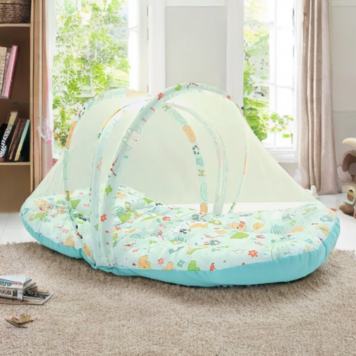 Baby Bed With Mosquito Net & Neck Pillow (Cartoon Print)