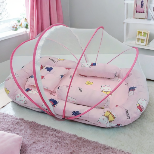 Baby Bed With Separate Mosquito Net, Neck Pillow & 2 Bolsters 